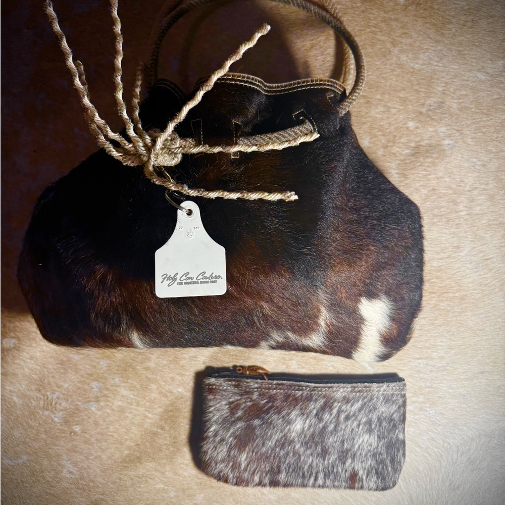 Handheld Cowhide Tote Bag with Rope Handles - Brown - Picture 4 of 4